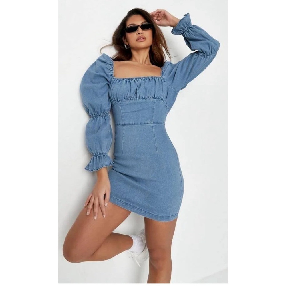 Missguided Denim Jean Chambray Dress 12 Square Neck Western Rodeo Country Club